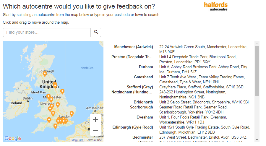 Tell Halfords Autocentre Guest Experience Survey 